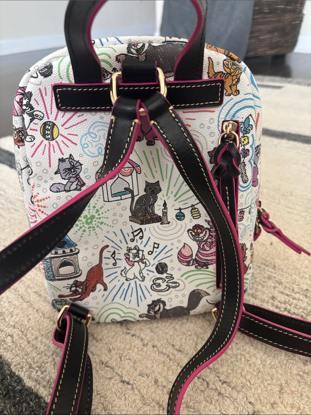 Dooney & Bourke White Mini Backpack with Multicolor Cat Print and Pink Trim - Picture 2 of 6